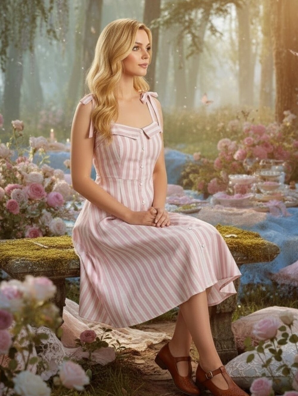 Amisu Cottagecore Pink and White Striped Midi Sundress w/ Tie Shoulder Straps